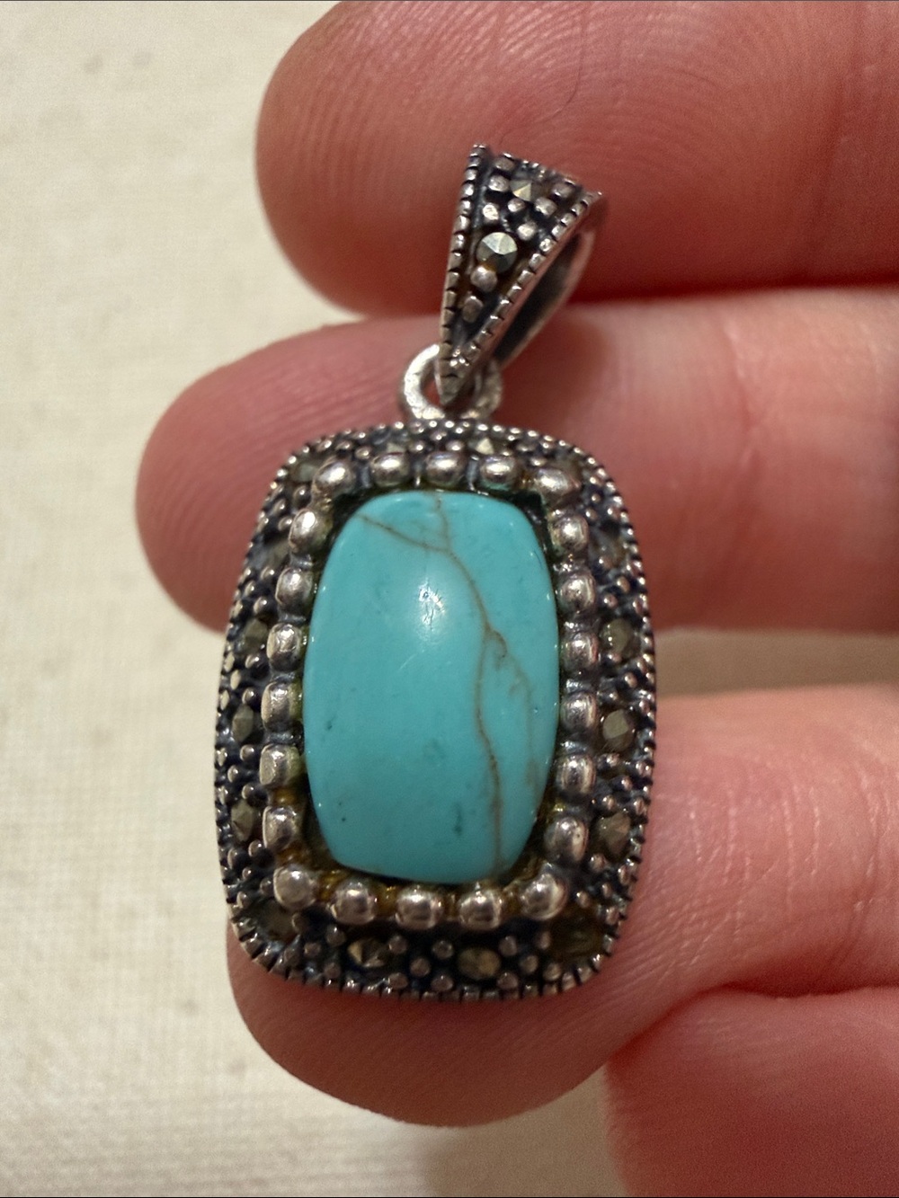 Sterling Silver 925 Thailand Turquoise Colored Stone Marcasite Pendant Necklace